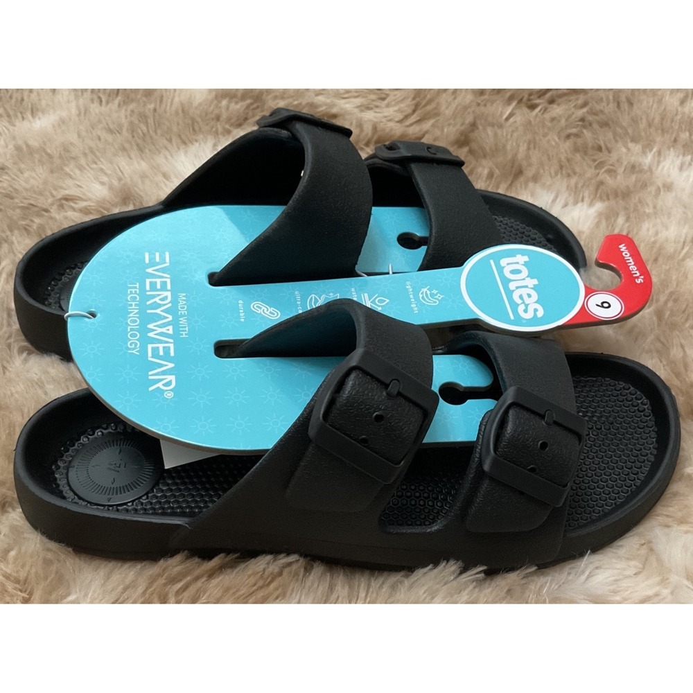 Totes Sol Bounce Everywear Black Double Buckle Slide Sandals Womens 9 NEW